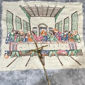 Embroidered panel of the last supper with Cross and framed religious quote